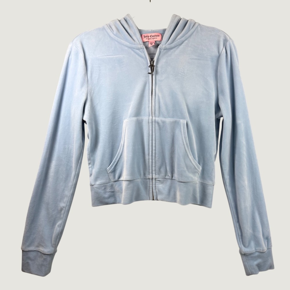 Juicy Couture Velour Zip Up Hoodie Baby Blue Rhinestone Logo Y2K Cropped Medium